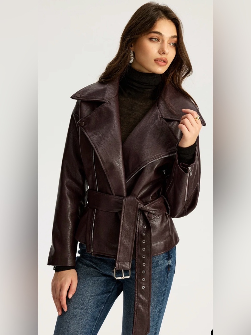 Commense Women's Zip Front Belted Faux Leather Jacket